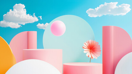 3D surreal landscape with pastel pink flowers, geometric shapes, and soft clouds, vibrant abstract design with smooth circles, clean minimalist style, dreamy playful atmosphere
