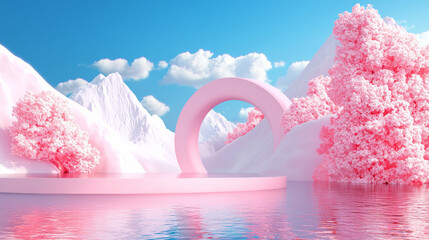 3D surreal landscape with vibrant pink mountains, soft pink arch, and reflective water, dreamy serene scene with soft clouds, minimalist futuristic design, peaceful abstract landscape