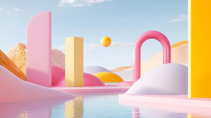 Surreal Digital Landscape with Colorful Pastel Hills, Floating Shapes, and Reflections in Water - Dreamy, Vibrant, Modern, and Playful Aesthetic