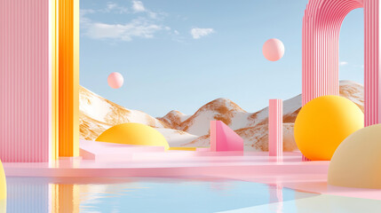 Surreal Digital Landscape with Colorful Pastel Hills, Floating Shapes, and Reflections in Water - Dreamy, Vibrant, Modern, and Playful Aesthetic