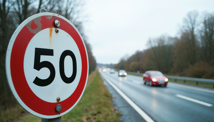 Road Speed Limit Sign 50 km/h with Highway Background for Traffic Safety Blogs, Transportation Awareness, Driving Regulations, and Road Safety Campaigns