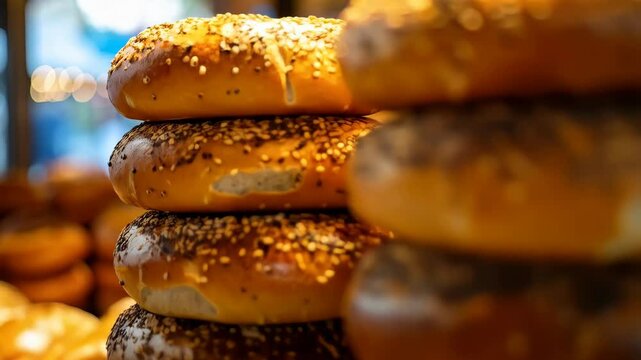 Stacked shiny bagels topped with sesame and poppy seeds are piled at the bakery counter, ready for purchase by hungry customers.