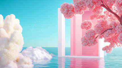 3D surreal pink pastel geometric shapes with coral formations, smooth reflective water surface, clean modern design, vibrant abstract outdoor landscape, soft lighting and tranquil atmosphere