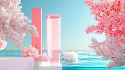 3D surreal pink pastel geometric shapes with coral formations, smooth reflective water surface, clean modern design, vibrant abstract outdoor landscape, soft lighting and tranquil atmosphere