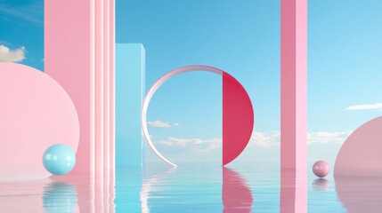 3D minimalist abstract geometric shapes with pink and blue columns and spheres, vibrant smooth design, futuristic clean lines and creative concept, surreal outdoor landscape with soft lighting