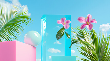 Surreal Digital Art with Flowers in Transparent Blocks, Floating Shapes, and Tropical Elements - Bright, Playful, and Elegant Aesthetic