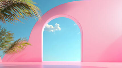 3D modern tropical arch with pink walls and palm trees, serene open space, vibrant sky and clouds, surreal beach paradise with clean minimalistic design, bright fresh summer atmosphere
