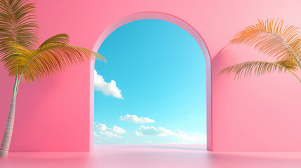 3D modern tropical arch with pink walls and palm trees, serene open space, vibrant sky and clouds, surreal beach paradise with clean minimalistic design, bright fresh summer atmosphere