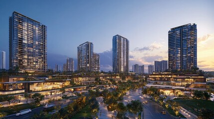 Obraz premium Modern Urban Landscape at Dusk with Skyscrapers and Retail Spaces Surrounded by Lush Greenery and Busy Streets