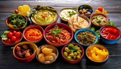 Vibrant Middle Eastern mezze platter featuring colorful bowls filled with various dips, vegetables, and herbs, styled for visual appeal