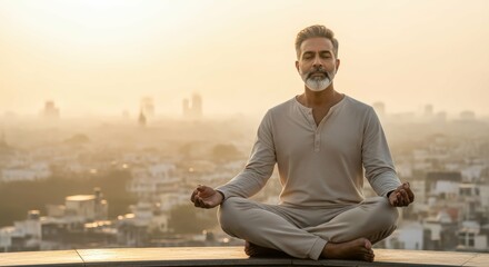 Man meditation yoga mindfulness zen calm outdoor city rooftop wellness peace