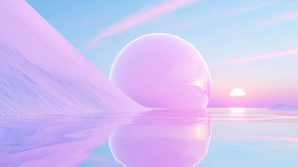 Cosmic Surreal Digital Landscape with Floating Pink Bubbles and Soft Reflection on Water - Dreamy, Peaceful, Glowing Fantasy Aesthetic
