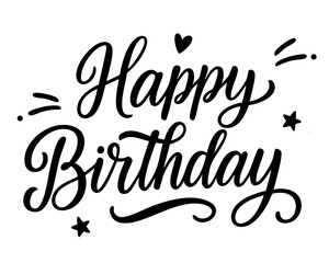 Hand-drawn Happy Birthday lettering in modern calligraphy style with decorative doodles. Black and white vector for greeting cards, posters, stickers, social media, party invitations, and packaging