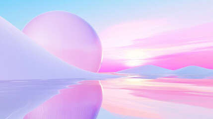 Cosmic Surreal Digital Landscape with Floating Pink Bubbles and Soft Reflection on Water - Dreamy, Peaceful, Glowing Fantasy Aesthetic