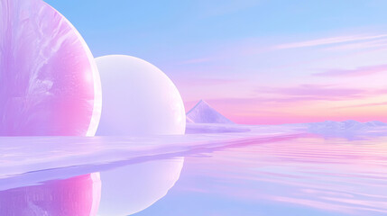 Cosmic Surreal Digital Landscape with Floating Pink Bubbles and Soft Reflection on Water - Dreamy, Peaceful, Glowing Fantasy Aesthetic