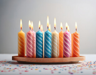 Colorful birthday candles arranged on wooden plate, glowing warmly against soft background, creating festive and joyful atmosphere