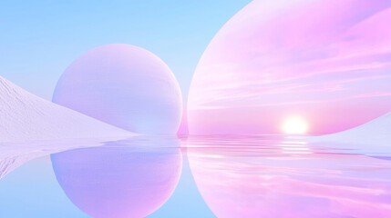 Cosmic Surreal Digital Landscape with Floating Pink Bubbles and Soft Reflection on Water - Dreamy, Peaceful, Glowing Fantasy Aesthetic