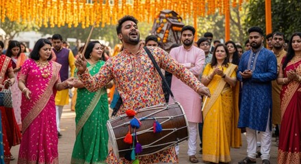 Indian wedding celebration dhol player folk music festive event cultural tradition