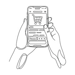 Hands holding tablet computer linear icon. Online store. Thin line illustration. Tablet computer with shopping cart. Vector Line Illustration Concept for Mobile App Development.