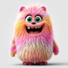 Fototapeta premium A charming and whimsical 3D cartoon monster with soft fuzzy fur in pastel tones, joyful smile, and playful personality.