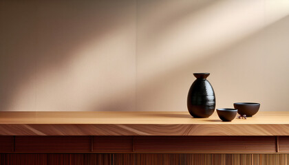 Minimalist Japanese style bar featuring wood textures, elegant sake presentation, and simple black ceramic vessels. serene atmosphere is created