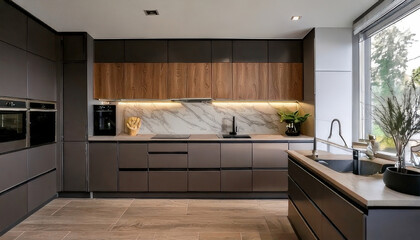 Minimalist luxury kitchen featuring high end appliances, smooth finishes, and elegant design elements that create culinary haven