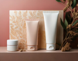 Minimalist skincare packaging design featuring pastel tones, elegant tubes, and natural backdrop evokes sense of luxury and tranquility