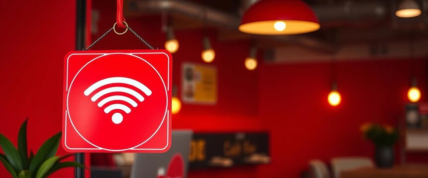 Coffee shop wifi zone sign Red background, flat design  Placard with internet connection icon, drink, web