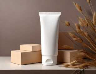 Minimalist skincare tube mockup with pastel tones, surrounded by natural elements, evokes sense of luxury and simplicity