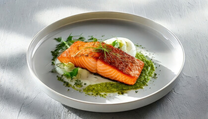 Beautifully plated salmon dish featuring perfectly cooked fillet, herb foam, and garnished with fresh greens, creating minimalist and elegant