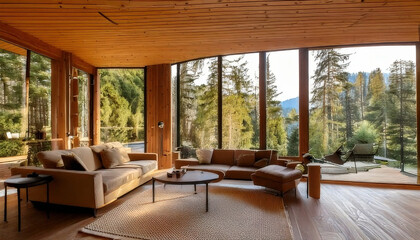 Modern luxury cabin interior with natural wood, panoramic windows, and serene forest view creates perfect retreat home style