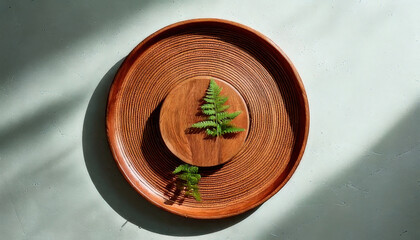 Natural wooden plate with layered textures, featuring small round dish and ferns, beautifully styled with shadows and light play