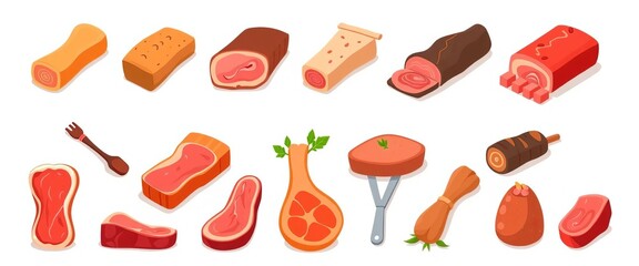 Collection of cartoon flat icons depicting various cuts of meat, isolated on white, meat cuts, icon