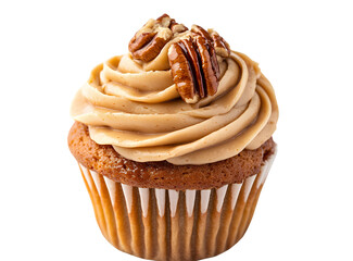 A cupcake with caramel frosting and visible pecan pieces on top, isolated against a white background. The cupcake is centered in the frame,