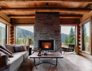Cozy modern rustic cabin interior featuring stone fireplace, wooden beams, and large windows showcasing warm mountain retreat
