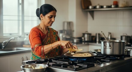 Woman cooking roti indian food in kitchen home cooking traditional meal india
