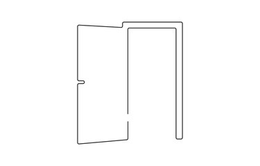 A modern line art depiction of an open door in one continuous line, Open door one line illustration,  one continuous line drawing of opened door.