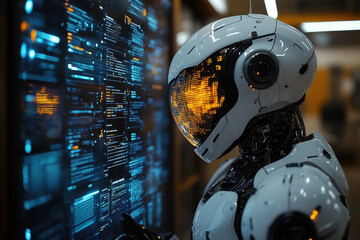 Robot standing in front of computer screen.