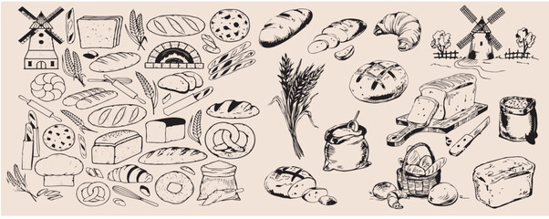 Hand-drawn bakery and bread doodle vector set featuring a variety of artisanal bread, pastries, wheat, baking tools, and oven elements.