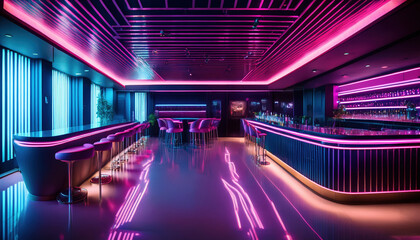 Vibrant neon bar interior featuring reflective surfaces, stylish seating, and high fashion ambiance that creates moody atmosphere