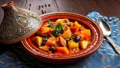 Delicious Moroccan tagine meal served in traditional ceramic dish, featuring colorful vegetables and spices, evoking warmth and comfort