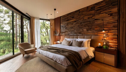 Luxurious bedroom featuring wood paneling and stone textures, creating organic modern style with natural light and serene views