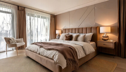 Luxurious neutral toned bedroom featuring layered bedding, soft textures, and serene ambiance, perfect for relaxation and comfort
