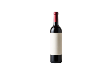 Dark wine bottle with blank white label and red foil capsule, isolated on a transparent background