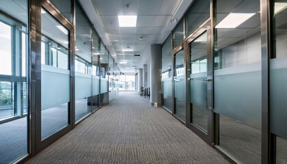 Modern office corridor featuring frosted glass partitions and professional signage, creating sleek and inviting atmosphere
