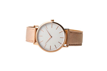 Rose gold watch with mesh band and white minimalist face, isolated on a transparent background