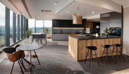 Modern office kitchen and break zone featuring coffee machine, seating area, and sleek design, creating professional and inviting atmosphere