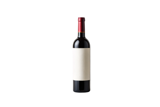 Dark wine bottle with blank white label and red foil capsule, isolated on a transparent background - Powered by Adobe