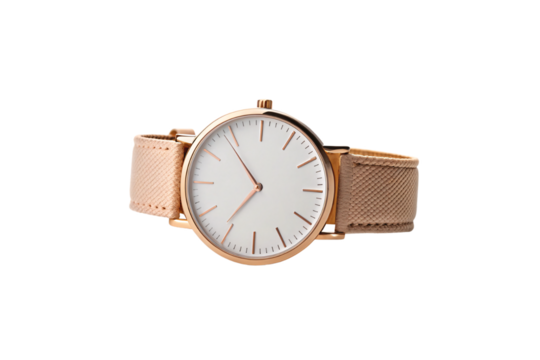 Rose gold watch with mesh band and white minimalist face, isolated on a transparent background