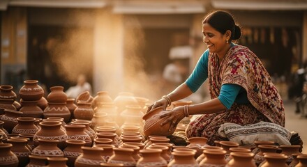 Indian woman pottery artisan selling handmade clay pots at outdoor market art